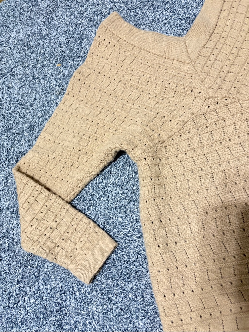 Long Sleeve V-Neck Knit Dress in Beige - Picture 3 of 9